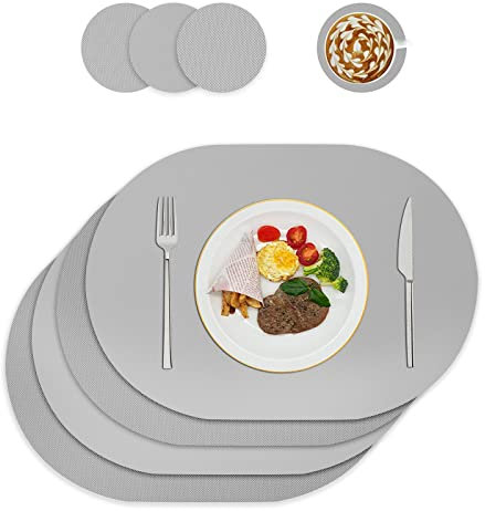 Tischsets und Untersetzer aus Leder, Platzdeckchen abwaschbar,Platzsets abwaschbar,Tischdeko,Tischset rund,Platz-Matten für Küche Speisetisch,4er-Set (Oval, grau)