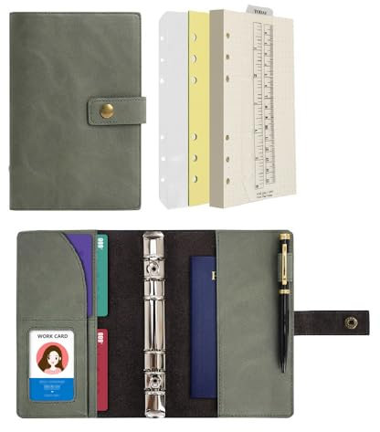 Wonderpool Diario in pelle Ricaricabile Quaderno a spirale Quaderno - Carta a pois e tasche interne in vera pelle per il lavoro di viaggio e l'agenda personale (Verde, A6)