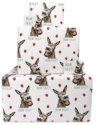 Twizler Happy Birthday Geschenkpapier für Männer oder Frauen – Esel wie alt – 4 Bögen & 4 Anhänger – 70 cm x 50 cm gefaltete Blätter – lustiges Geschenkpapier