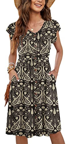 MOLERANI Women Summer Dresses Ruffle Sleeve V Neck Casual Swing Elastic Waist Midi Dress with Pockets Dark Paisley Floral Black XL
