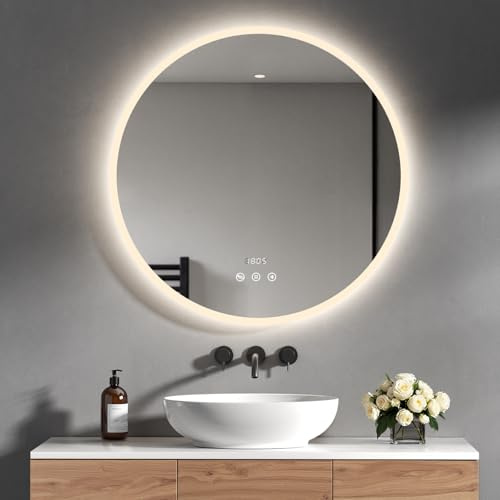 Heilmetz Badspiegel mit Beleuchtung Rund 70cm, LED Badezimmerspiegel mit Bluetooth, Uhr, Antibeschlag, Touch, 4300K Warmweiß Licht, Spiegel mit Beleuchtung für Bad