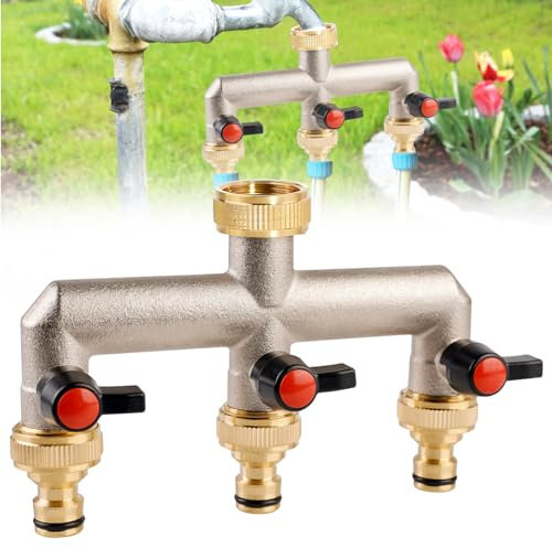 Distribuidor De 3 Vías, Distribuidor De Agua Para Grifo De 3 Vías, Distribuidor De Agua De Latón De 3/4 Pulgadas Con Conectores, Regulador De Flujo De Agua Y Bloqueable para Riego De Jardín Grande