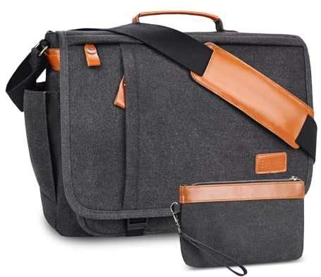 ESTARER Men's 17.3 Inch Laptop Bag with Pencil Case, Minimalist Shoulder Bag for Work, School, Travel, Gray