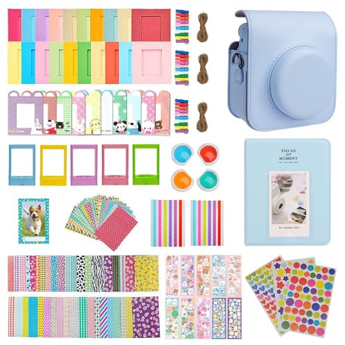 Meetikar Sofortbildkameras Zubehör für Instax Mini 12, Kameratasche für Instax Mini 12 mit 64 Taschen Fotoalbum und Farbfilter/Bilderrahmen/Wanddekorrahmen/Rahmenaufkleber/Eckaufkleber (Blau)