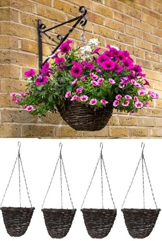Garden Haven® 14 Garden Rattan Round Hanging Basket SET OF 4 Outdoor Hanging Planter Plants Wicker Hanging Basket with hanging chain Natural Weave Rustic 35cm diameter x 17cm deep with plastic liner