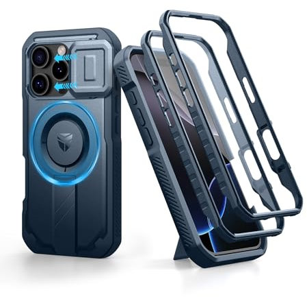 Dexnor for iPhone 16 Pro Magnetic Case With Slide Camera Cover & Adjustable Kickstand & Built-in Screen Protector, Rugged Shockproof Bumper Cases Heavy-duty Cover - Navy Blue