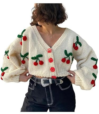 SANSIWU Women 3D Fruit Embroidered Crochet Knit Cardigan Y2K Long Sleeve Cute V-Neck Button Down Knitted Cardigans Outwear (Cherry White, M)