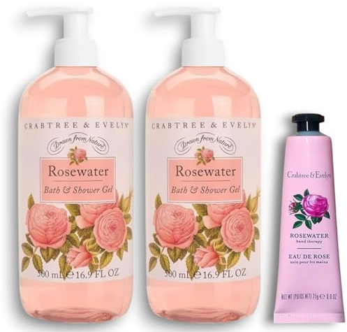 Crabtree and Evelyn | Rosewater Set | 2x Bath & Shower Gel 500 mL Each & Hand Therapy 25g