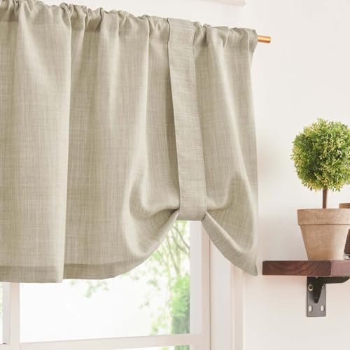 TOPICK Beige 1 Schal 45Hx132B cm Scheibengardine mit Raffbändern für Küche Badezimmer Klein Fenster Leinenoptik Gardine Gaze Schals Halbtransparent Wohnzimmer Landhaus mit Tunnelzug