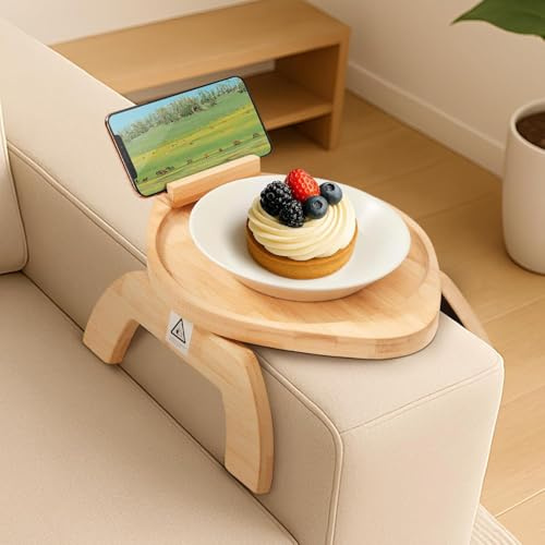 BREEZENEST Wooden Desk Buddy – Bamboo Sofa Arm Tray with 360° Rotating Phone Holder, Foldable Adjustable Armrest Tray & Clip-On Cup Holder for Couch Eating & Reading (Wood)