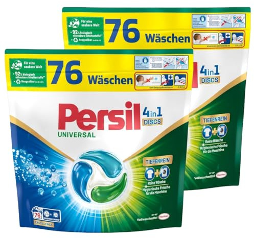 Persil Universal 4in1 DISCS 152 (2 x 76 WL), Vollwaschmittel mit Tiefenrein-Plus Technologie bekämpft hartnäckige Flecken, 92% biologisch abbaubare Inhaltsstoffe