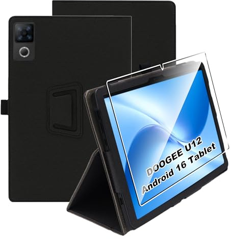 Heioloo Hülle für DOOGEE U12 Android 16 Tablet 12 Zoll with Stand Function, mit [1 Stück] Panzerfolie Schutzfolie, Umfassender Schutz, [PU Leder][Standfunktion] [Anti-Kratzen] Schwarz