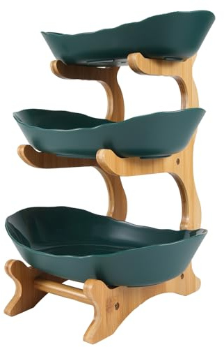 ANEELV Tortenständer, mehrstöckige Obstschale, Küchenkorb, dekorative Schale für die Arbeitsplatte, dreistöckige Obstschale, Obstkorb, dekoratives Küchenregal mit Holzrahmen, Gemüse. (Dunkelgrün)
