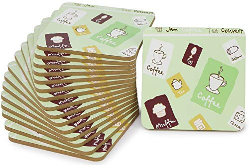 com-four® 16x Getränkeuntersetzer aus Holz, Glasuntersetzer mit Motiv Coffee, 9 x 9 cm, 0,4 cm dick (16 Stück - Coffee)
