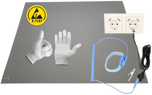 Minadax 120 x 60cm GRAU Antistatik ESD Computer Matte Tischmatte „Premiumqualität“ inkl. Manschette + 2,4m Verlängerung + ESD Handschuhe GR-L