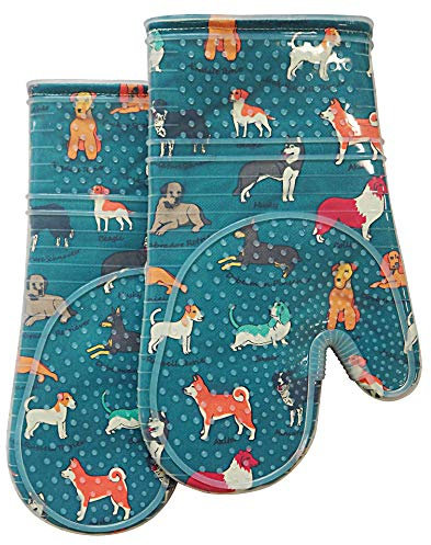 Oven Mitts Set of 2 with Transparent Clear Silicone Shell and Nice Dog Printing Cotton Lining, Heat Resistant to 500 F Kitchen Oven Gloves Pot Holder for Cooking (Blue)