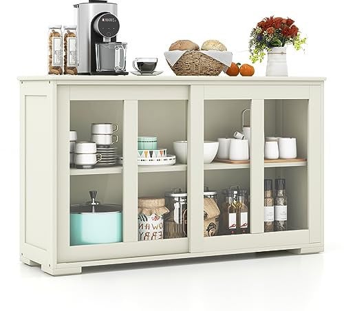 COSTWAY Mueble Auxiliar de Cocina con 2 Puertas de Vidrio, Aparador de Madera con Estante Ajustable en Altura, Almacenamiento de 106,5 x 33 x 62,5 cm, Ideal para comedor (Blanco)