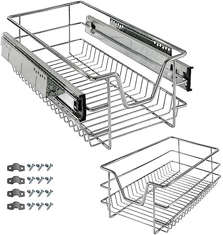 Arebos Teleskopschublade - für Schrankbreite 30 40 50 oder 60 cm/verchromt/Setwahl- Küchenschublade Korbauszug Schrankauszug, Schubladeneinsätze für Küchenschrank / 30 cm