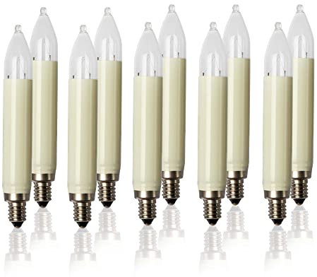 hellum Ersatz-Kerzen für Weihnachtsbaum Kerzen Lichterketten innen und außen, 10 Stück 8V 3W Schaftkerze für Lichterketten mit 30 Brennstellen, ø15mm E10/ 8V/ 3W/ 22Lumen 901016