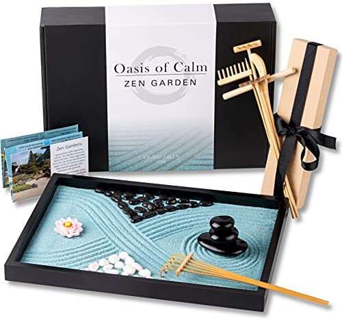 Oasis of Calm Zen Garden Kit. 11x8 Beautiful Premium Japanese Mini Rock Garden Meditation Gift Set for Home & Office Desk Accessories. Zen Aqua Sand, 6 Tool, 6 Features. Mindfulness Gifts Decor Women