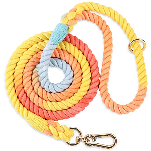 NUGUTIC Laisse pour chien en corde de coton tressée à la main pour chiens de petite, moyenne et grande taille, fermoir en métal doré robuste, arc-en-ciel coloré, 1,5 m