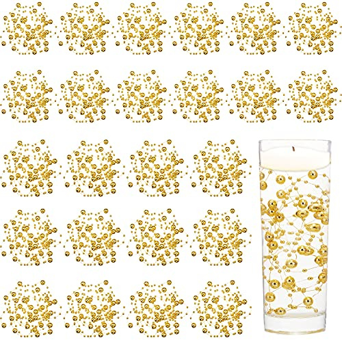 Tondiamo 24 Pcs Artificial Pearl String for Floating Candle Faux Pearls Beads String Garland Centerpiece Decoration for Vases Filler Wedding Spring Holiday Party Decor(Gold)