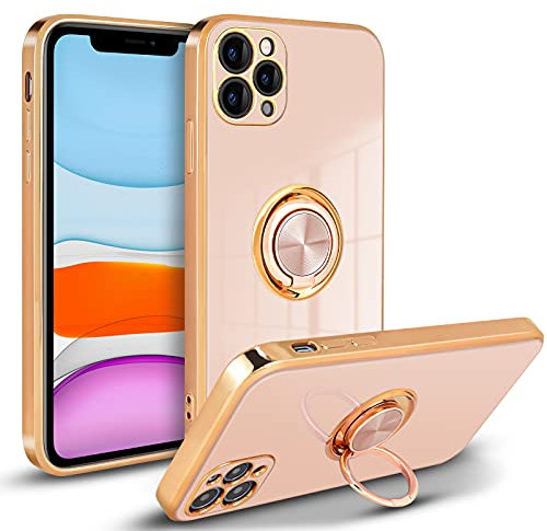 Newseego Case Compatible with iPhone 11 Pro Max Electroplated Soft TPU Protective Phone Cover with 360 Degree Rotation Magnetic Car Finger Ring Holder Case for iPhone 11 Pro Max-Pink