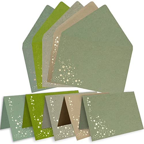 Faltkarten-Set mit Umschlägen DIN C6 A6 - Mix-Paket 2 aus Kraftpapier in verschiedenen Farben mit goldenen Metallic Sternen - 10 Sets - für Drucker geeignet Ideal für Weihnachtskarten