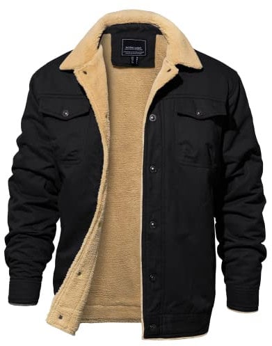 EKLENTSON Men's Fleece Jacket Warm Winter Tactical Cargo Coat Lapel Collar Windproof Fleece Jacket Black,L