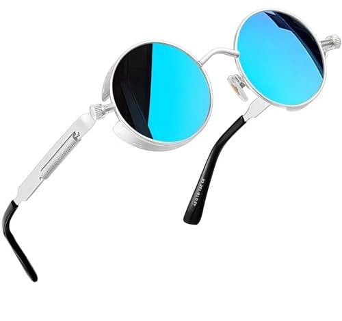 Joopin Polarizzate Occhiali da Sole Uomo Donna Rotondi Metallo Retro Vintage Steampunk Specchio Occhiali Unisex (Blu)