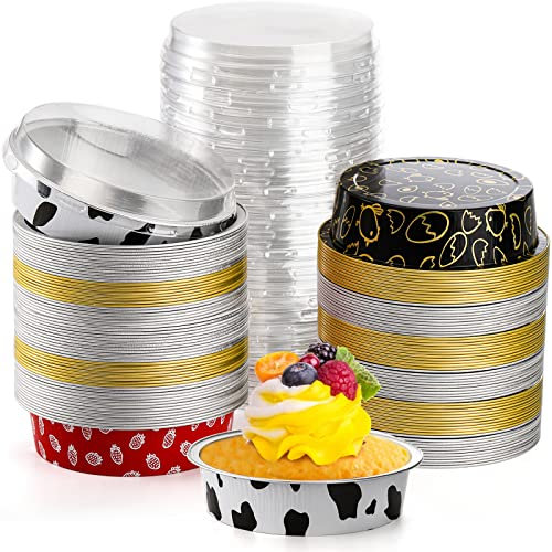 Lyellfe 60 Pack Aluminum Foil Baking Cups with Lids, 6 Oz Foil Baking Cups, Disposable Aluminum Muffin Dessert Cups for Pudding, Souffle, Creme Brulee, Ramekins, Wedding, Party and Holidays