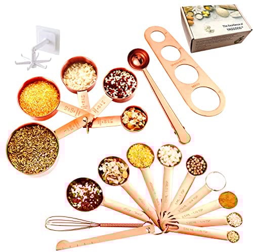 YAGGOOD Juego de 19 tazas y cucharas medidoras, cobre, color oro rosa, utensilios de cocina, juego de medición