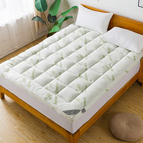 Surmatelas en bambou pour lit double, rafraîchissant extra de 7,6 cm d'épaisseur, respirant, poche profonde de 20,3 à 53,3 cm, housse de matelas matelassée douce avec rembourrage alternatif en duvet