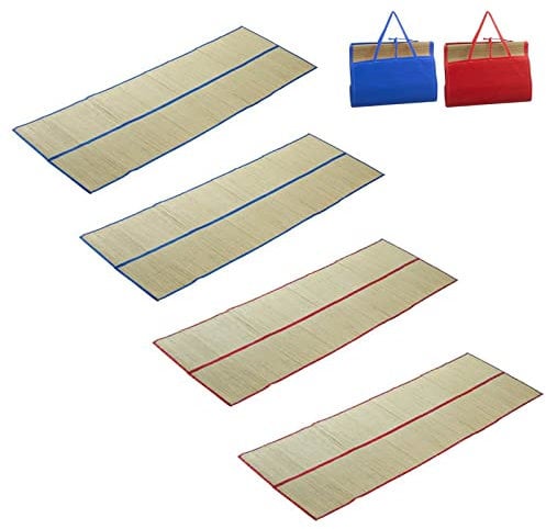 HAC24 4er Set Strohmatte Strandmatte 180 x 60 cm Liegematte Bastmatte Faltbar Sonnenmatte Rollmatte Blau Rot Strand Matte mit Tragegriffen
