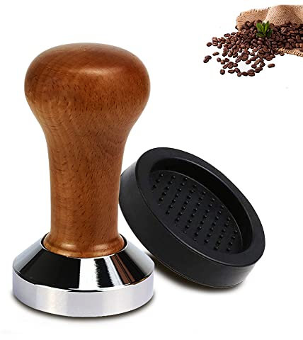 Kaffee Tamper, 51mm Espresso Stempel, 304 Edelstahl Espresso Tamper, mit Silikon Pad, Eleganter Holzgriff im Barista Stil