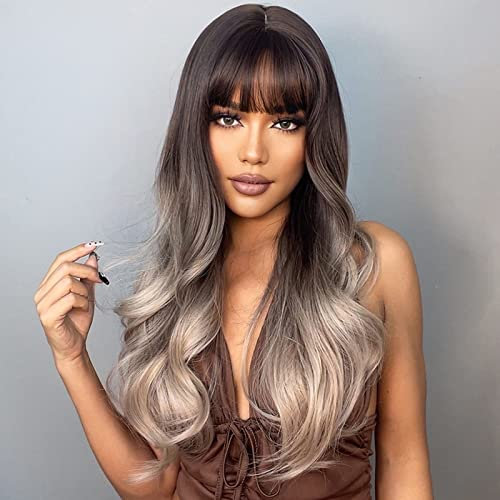 Layhou Lange Perücken Brauner Farbverlauf Gold, Sexy Gewelltes Haar Perücken mit Haarnetz, hitzebeständiges Synthetik für Frauen, Cosplay, Party, täglicher Gebrauch