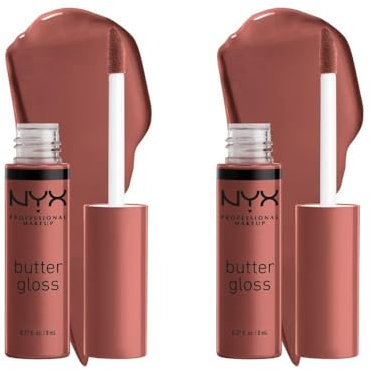 NYX Professional Makeup, Brillo de Labios No pegajoso, Butter Gloss, Praliné, Pack Dúo