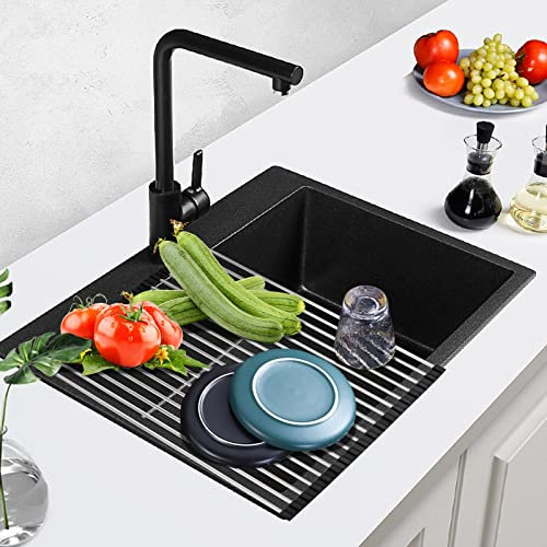 talifoca Egouttoir Vaisselle Pliable, Égouttoir à Vaisselle INOX, Égouttoir Vaisselle sur Evier,Séchoir Evier à Vaisselle Enroulable pour Cuisine Les Fruits, légumes, Assiette 43CM*35CM (Noir)