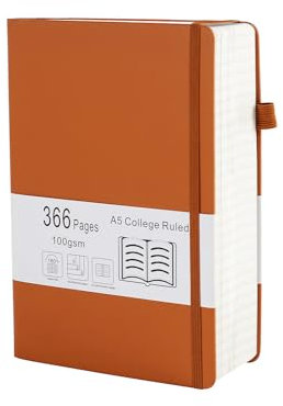Thick College Ruled Notebook with 366 Numbered Pages, A5 Journals for Writing with 100GSM Lined Paper, Hardcover Leather Note Book for Women Men School Note Taking Office Work Diary, 5.7 x 8.3 Brown