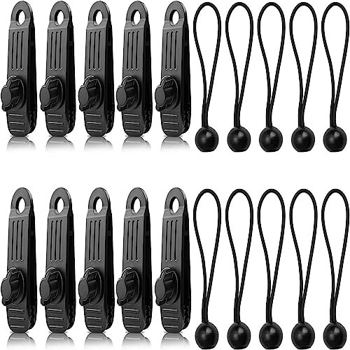 Quixotical 10 Pcs Tent Tarp Clips, Tarpaulin Clips Set, Heavy Duty Tarp Clips, Awning Clamp, with 10 Tent Bungees Cords, for Tents, Covers, Awnings, Banners, Canopies, Black