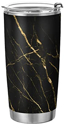 FJAUOQ Tumbler Black Gold Marble Insulated Coffee Cup Leakproof Travel Mug with Straw Lid Double Wall Stainless Steel 20 oz BPA-Free for Sport, Back to School