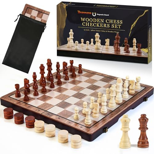 2 in 1 Magnetic Wooden Chess Set & Checkers Board Game, 15’’ Folding Chess Board with Pieces Storage Slots, 2 Extra Queens, Portable Travel Chess Set for Kids Adults Beginner Age 3+