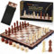 2 in 1 Magnetic Wooden Chess Set & Checkers Board Game, 15’’ Folding Chess Board with Pieces Storage Slots, 2 Extra Queens, Portable Travel Chess Set for Kids Adults Beginner Age 3+