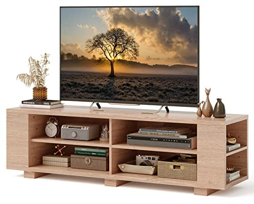 COSTWAY TV-Schrank, Lowboard für Fernseher bis zu 65 Zoll, Fernsehtisch mit 4 offenen Fächern, 4 Seitenfächern & verstellbaren Regalen, Fernsehschrank, TV-Regal, 150 x 39 x 45 cm (Eiche)