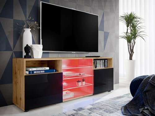 Komodee, TV-Schrank Urbino, Wotan/Schwarz, Breite 140 cm x Höhe 53 cm x Tiefe 35 cm, LED RGB, 3 Glasböden, 2 Fächern mit Türen, 2 offenen Fächern für Wohnzimmer, Schlafzimmer