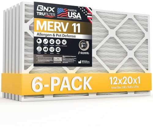 BNX TruFilter 12x20x1 Air Filter MERV 11 (6-Pack) - MADE IN USA - Allergen Defense Electrostatic Pleated Air Conditioner HVAC AC Furnace Filters for Allergies, Dust, Pet, Smoke, Allergy MPR 1200 FPR 7