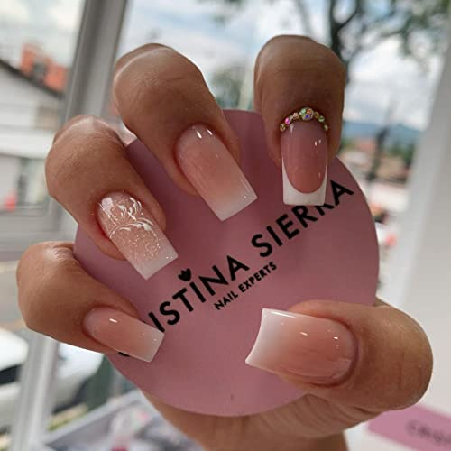 Resweky 24 Pcs Carré Moyen Ongles Faux Brillant Cristal Paillettes Nude Faux Ongles Français Impression sur Ongles Plein Couverture Ongles Acrylique pour Femmes