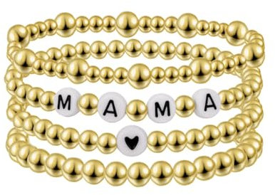 Emibele Mama Armband Stapel 4 Stück, Liebe Herz Perlen Set, Elastisch Stapelbar Strecken für Frauen Muttertagsgeschenk, Gold