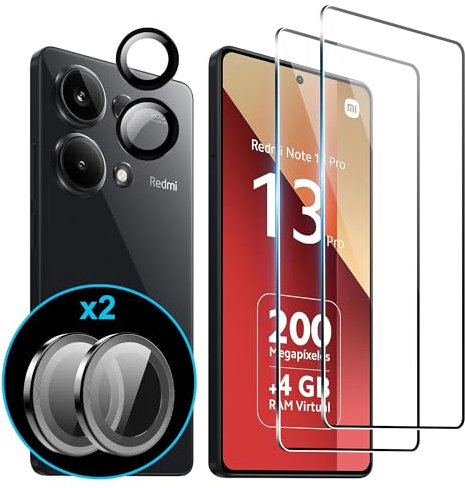 FDHYFGDY 2 Piezas Cristal Templado para Xiaomi Redmi Note 13 Pro 4G/Poco M6 Pro 4G, 2 Piezas Película de Vidrio para Cámara, Dureza 9H, Protector de Pantalla Antiarañazos y Antiburbujas