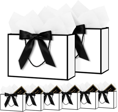 NADSSJL 6 Pcs Medium Gift Bags for Present - Birthday Gift Bag with Wrappers and Cards, Party Bags with Handles for Weddings, Birthdays, Parties, Valentine's Day and Christmas (White)